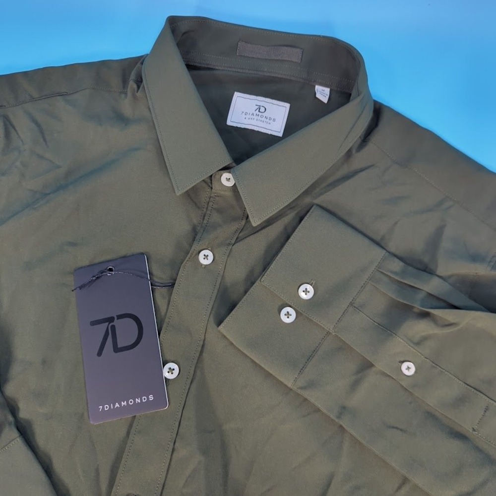 7 Diamonds Liberty 4-Way Stretch Button Down Shirt Olive Green Mens Medium NEW
